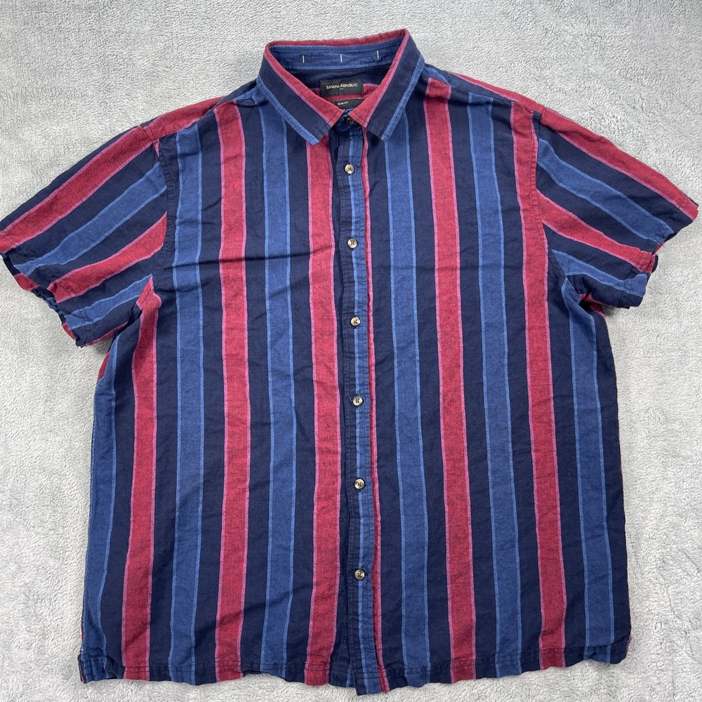 Banana Republic Button Up Mens XXL Blue Red Striped Slim Fit Linen Blend 3494